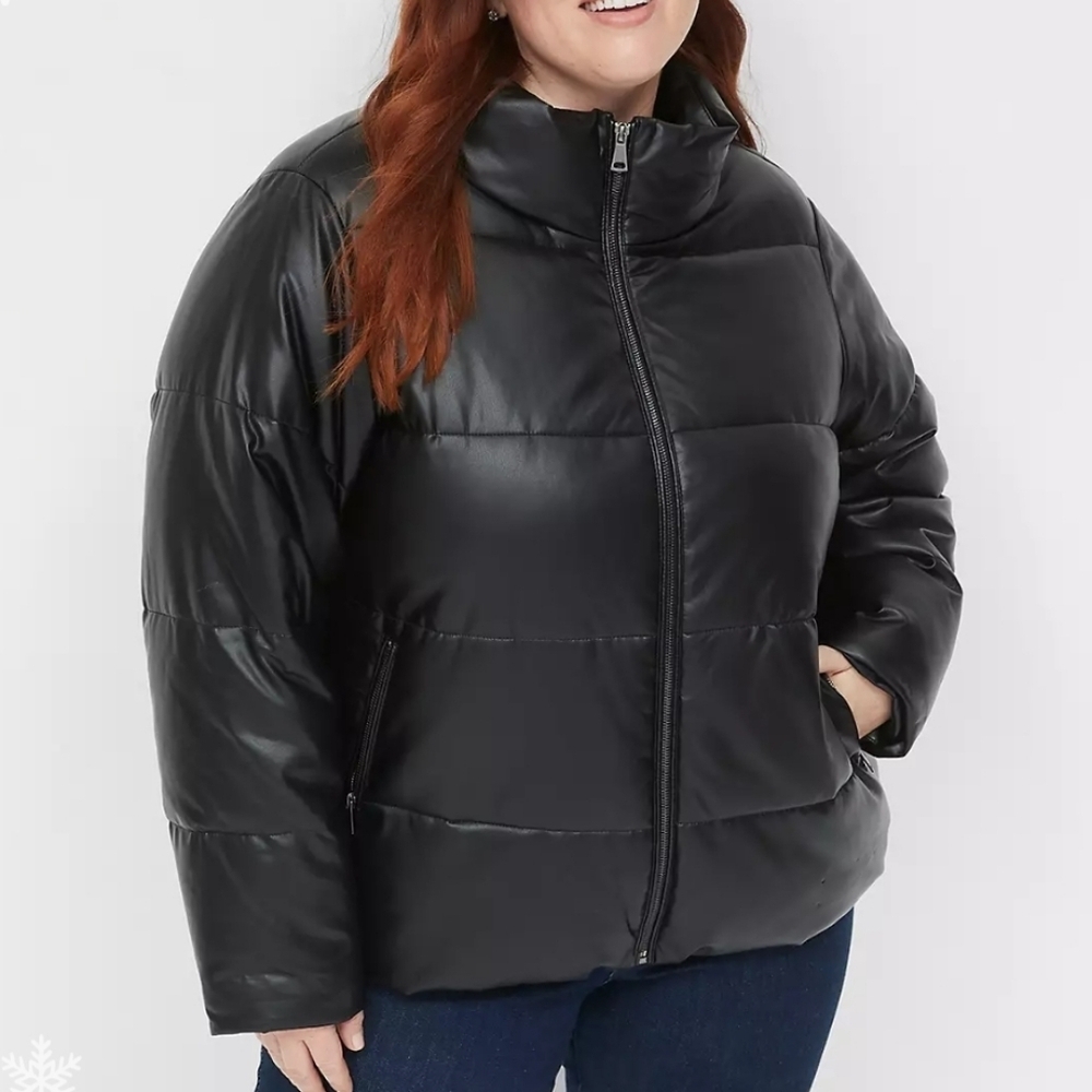 Lane Bryant Black Faux-Leather Puffer Jacket Full Zip Plus Size 18 / 20